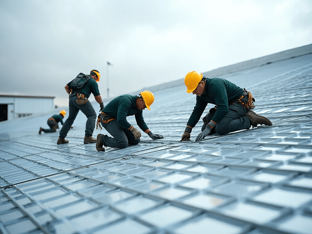 professional roofers showing works on a commercial building