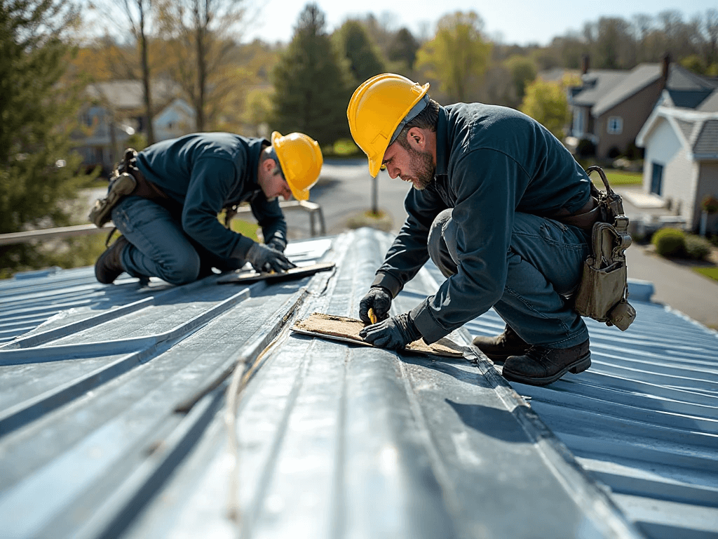 Metal roof master roofer working on a residential metal roof