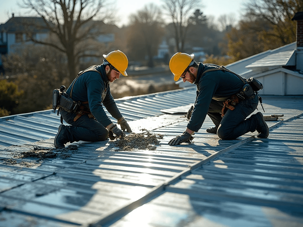 Professional roofers doing roof installation on brooklyn metal roofs