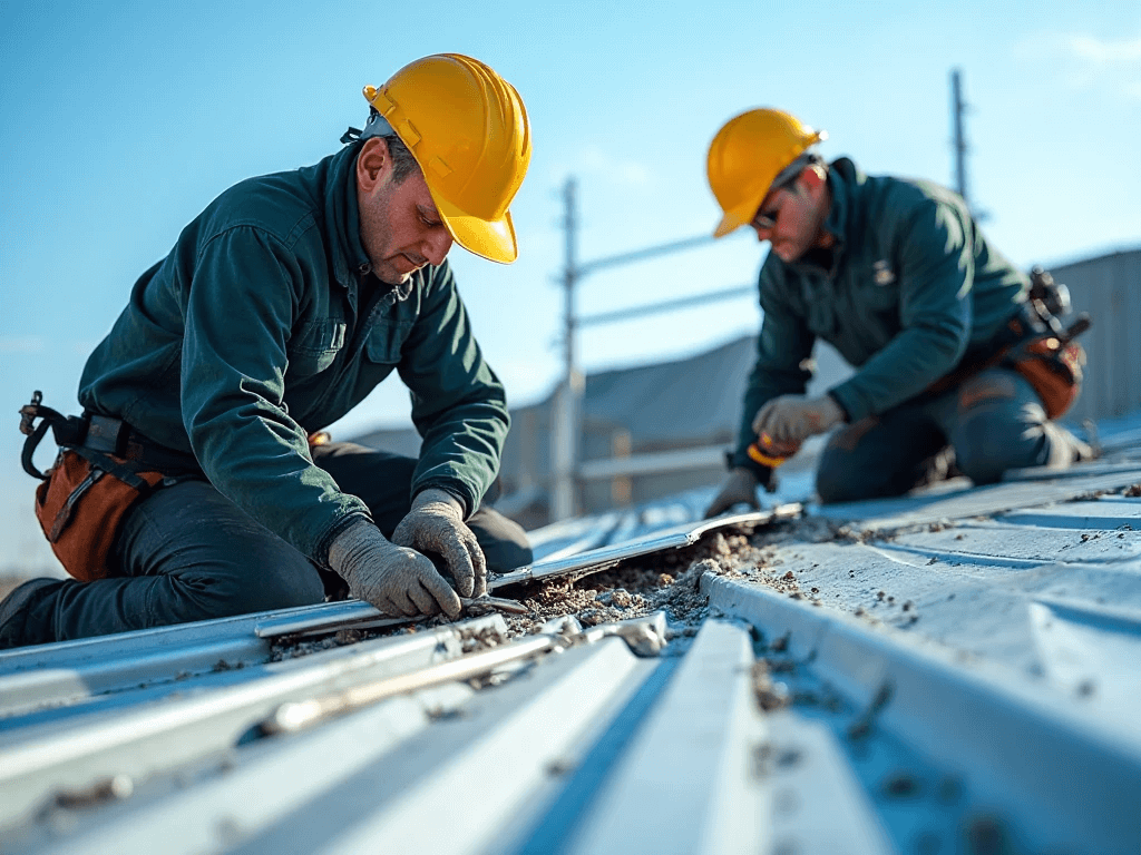Metal roof master roofers doing work on a flat metal roof