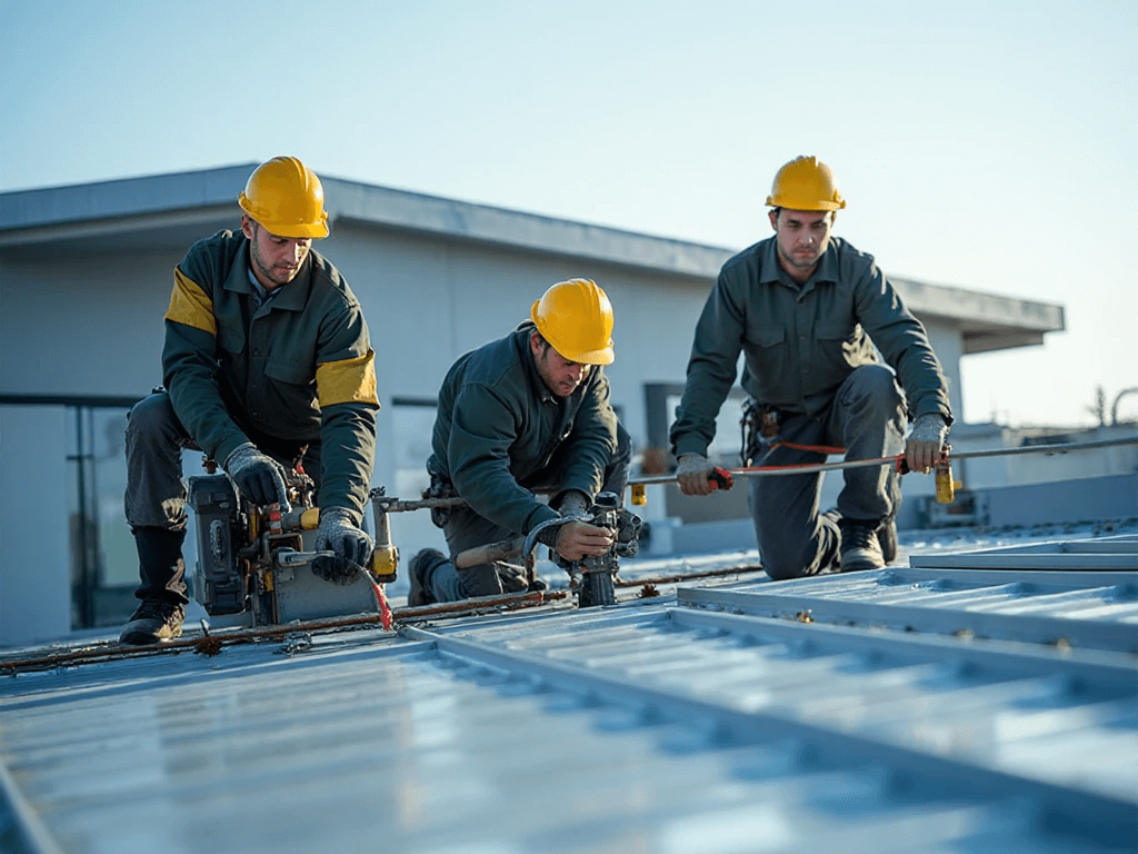 professional roofers showing works on a specialized roofs