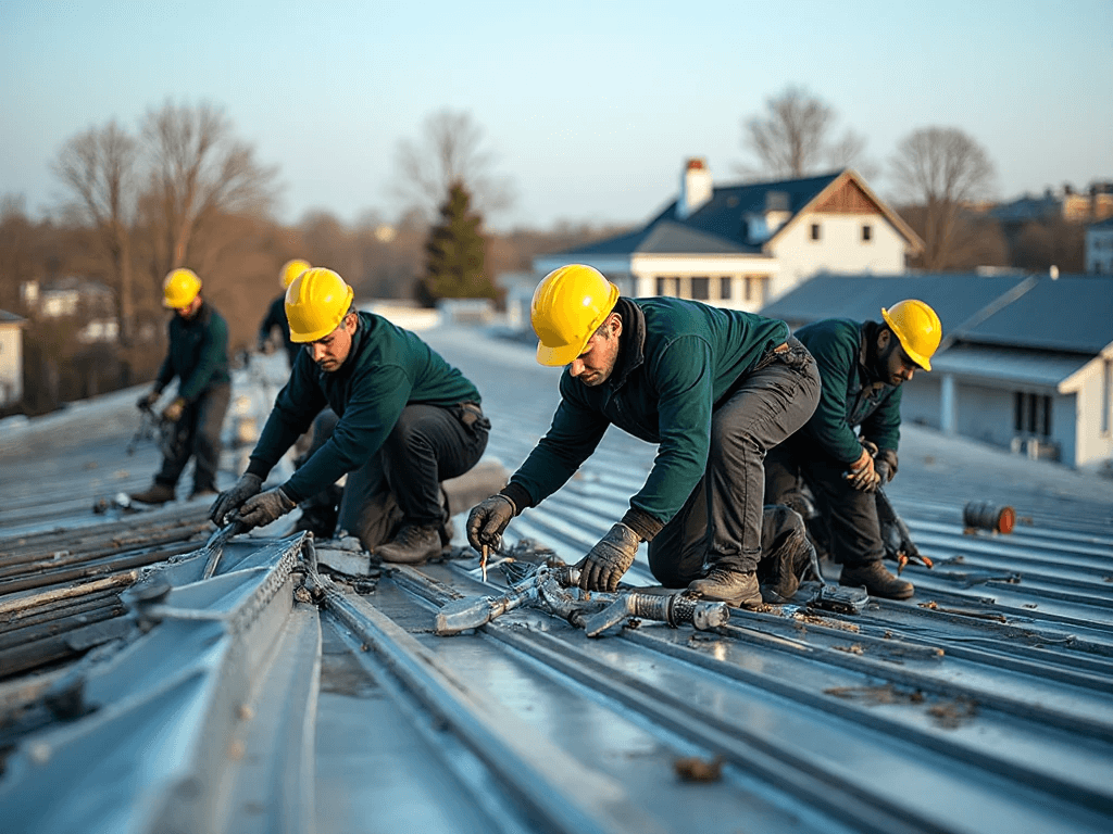 group of professional roofers doing metal roof installation