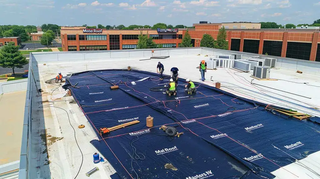 group of professional roofers doing roof works on a top building