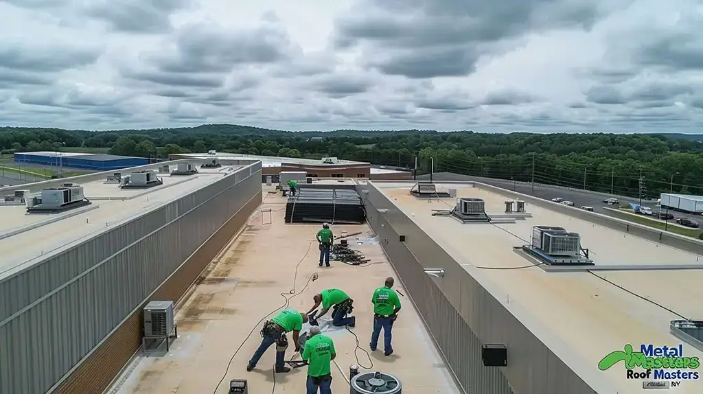 group of professional roofers doing roof installation