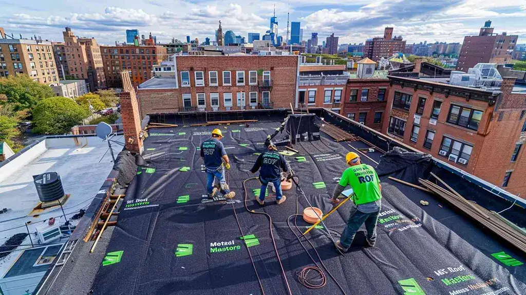 group of professional roofers doing roof works and repair