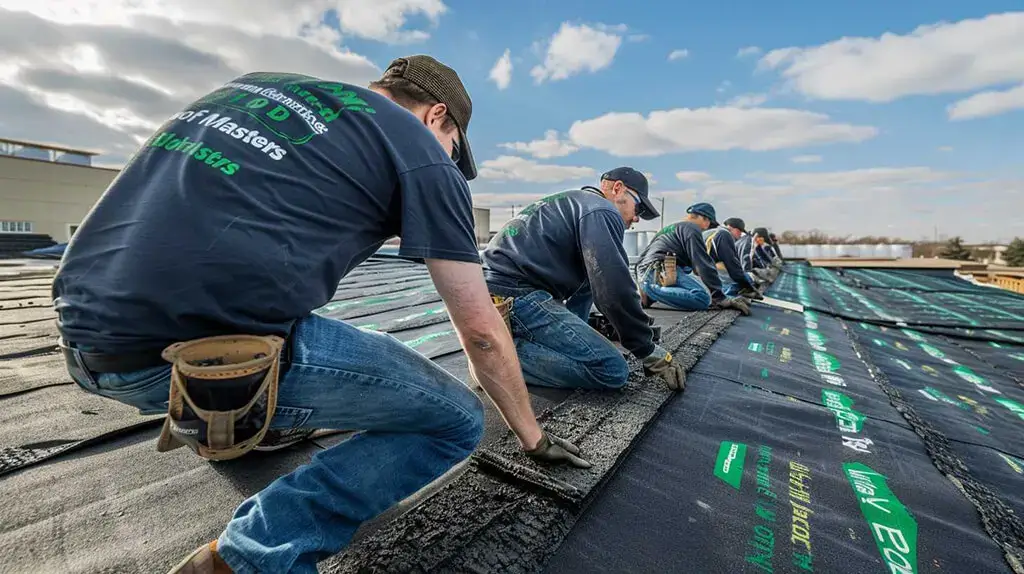 group of professional roofers doing roof works